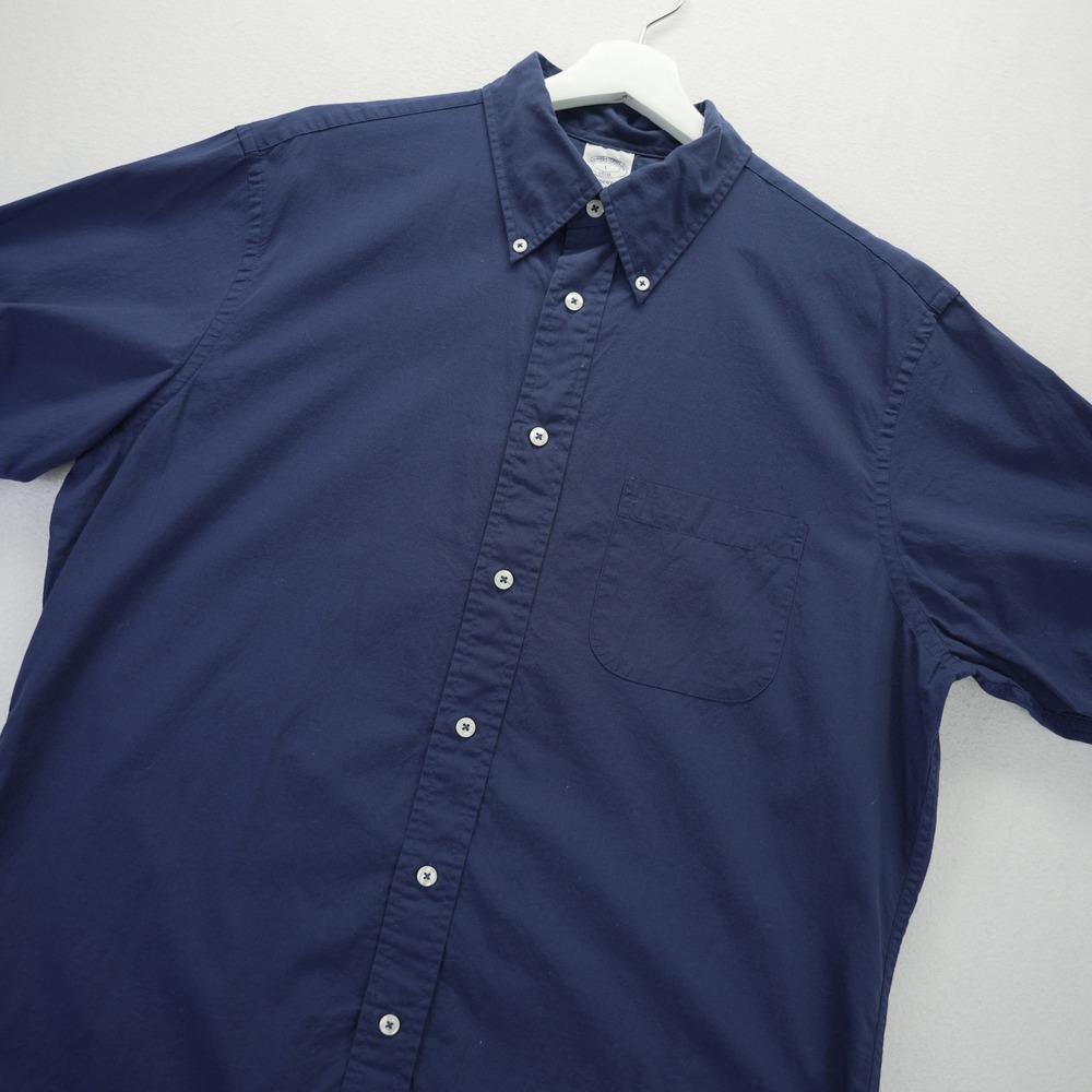 Brooks Brothers Regent Navy Blue Short Sleeve Button Down Shirt Mens L Cotton